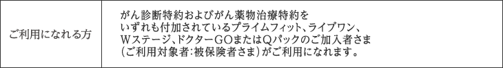 ご利用になれる方 がん診断特約およびがん薬物治療特約をいずれも付加されている ブライムフィット、ライブワン、Wステージ、ドクターGOまたはQパックのご加入さま(ご利用対象者:被保険者さま)が ご利用になれます。