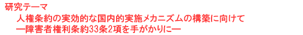 研究テーマ　人権条約の実効的な国内的実施メカニズムの構築に向けて―障害者権利条約33条2項を手がかりに―