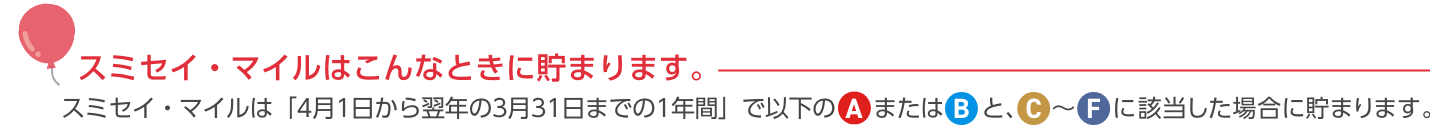 【スミセイ・マイルはこんなときに貯まります。】スミセイ・マイルは「4月1日から翌年の3月31日までの1年間」で以下のAまたはBと、C～Fに該当した場合に貯まります。
