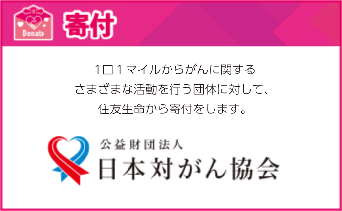 寄付：1口1マイルからがんに関するさまざまな活動を行う団体に対して、住友生命から寄付をします。