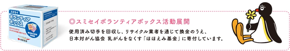 使用済み切手を回収し、リサイクル業者を通じて換金のうえ、日本対がん協会 乳がんをなくす「ほほえみ基金」に寄付しています。