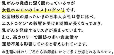 乳がんの発症に深く関わっているのが女性ホルモンの「エストロゲン*」です。出産回数の減ったいまの日本人女性は昔に比べ、



エストロゲン*の影響を受ける期間が長くなっており、乳がんを発症するリスクが高まっています。また、高カロリーで脂肪の多い食生活や運動不足も影響していると考えられています。