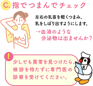 C.指でつまんでチェック