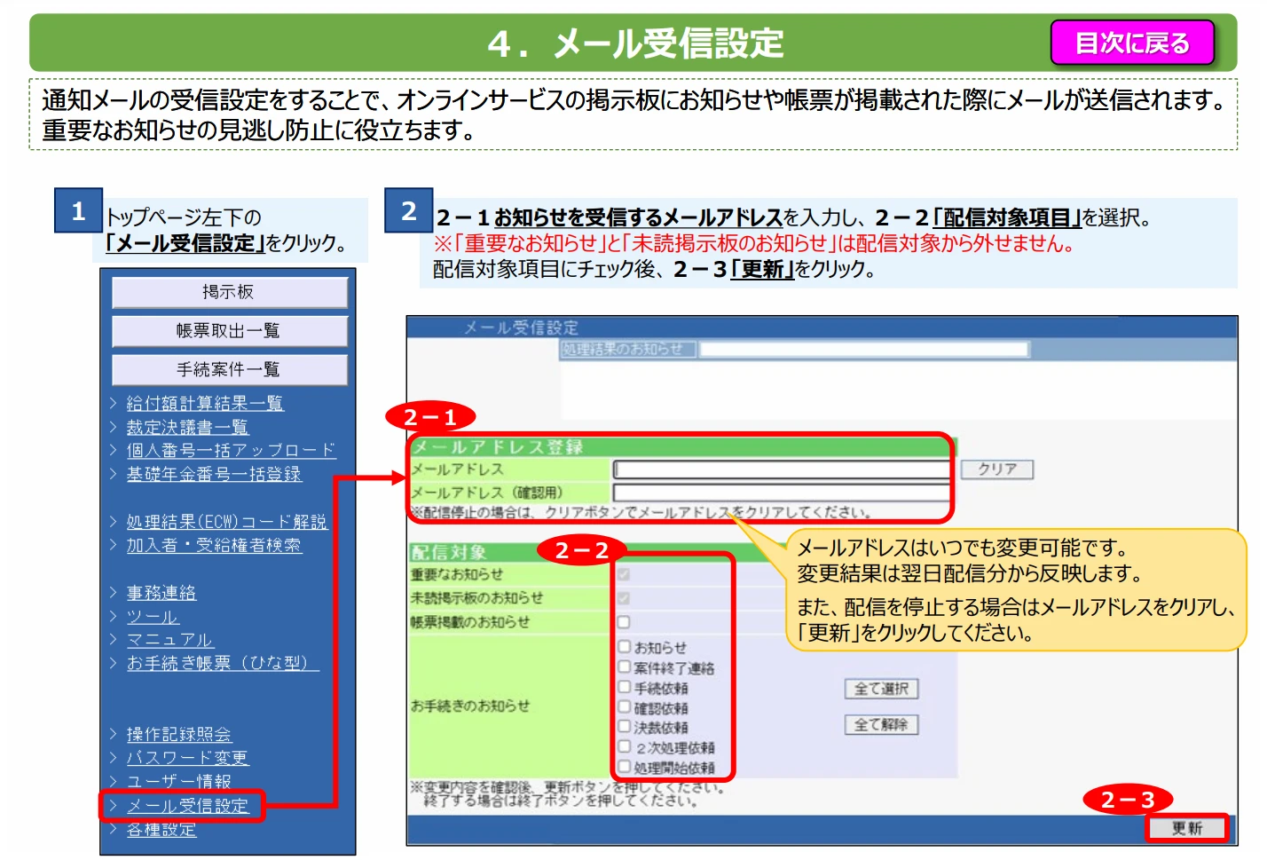 DBオンラインサービスのメール受信設定画面