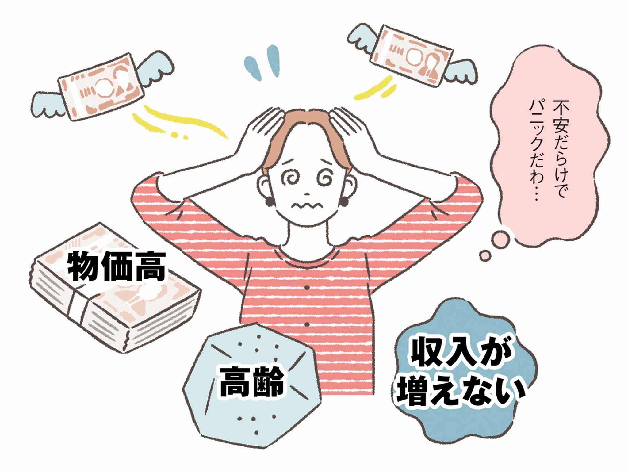 女性「不安だらけでパニックだわ・・・（物価高・高齢・収入が増えない）」