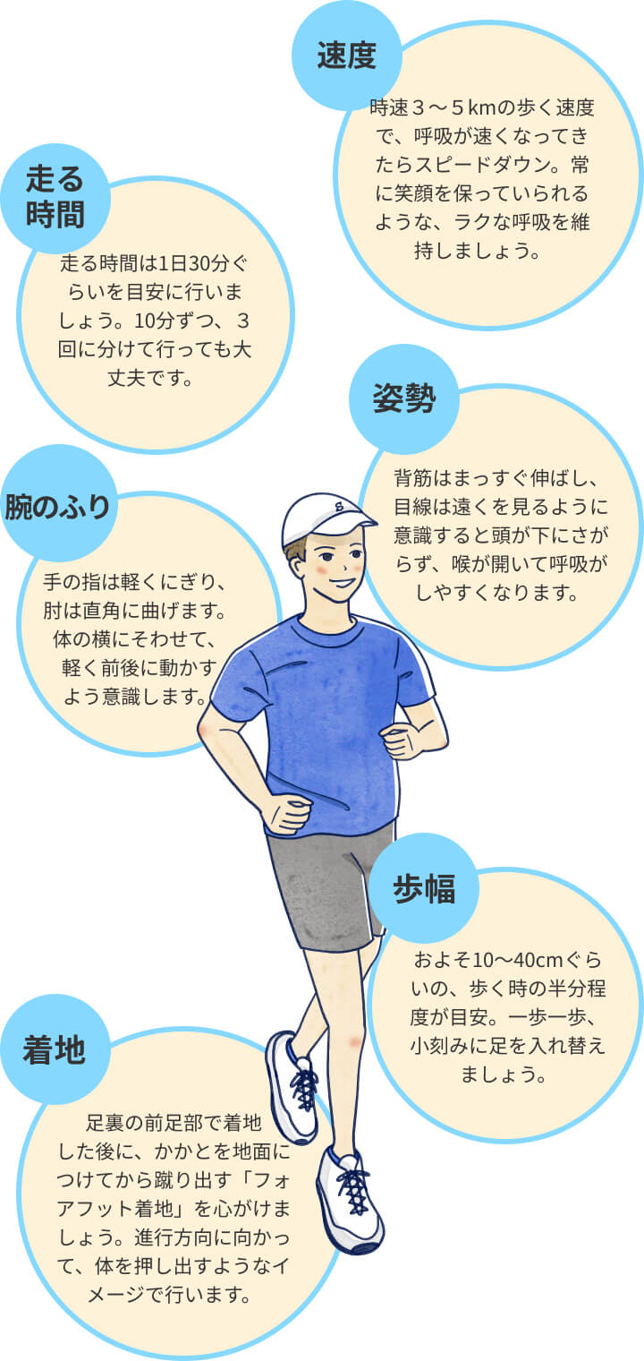走る時間:走る時間は1日30分ぐらいを目安に行いましょう。 腕のふり:手の指は軽くにぎり、 肘は直角に曲げます。体の横にそわせて、 軽く前後に動かすよう意識します。 姿勢:背筋はまっすぐ伸ばし、目線は遠くを見るように意識すると頭が下にさがらず、喉が開いて呼吸がしやすくなります。 速度:時速3~5kmの歩く速度で、呼吸が速くなってきたらスピードダウン。常に笑顔を保っていられるような、ラクな呼吸を維持しましょう。 着地:足裏の前足部で着地 した後に、かかとを地面につけてから蹴り出す「フォアフット着地」を心がけましょう。進行方向に向かって、体を押し出すようなイメージで行います。 歩幅:およそ10~40cmぐらいの、歩く時の半分程度が目安。一歩一歩、小刻みに足を入れ替えましょう。