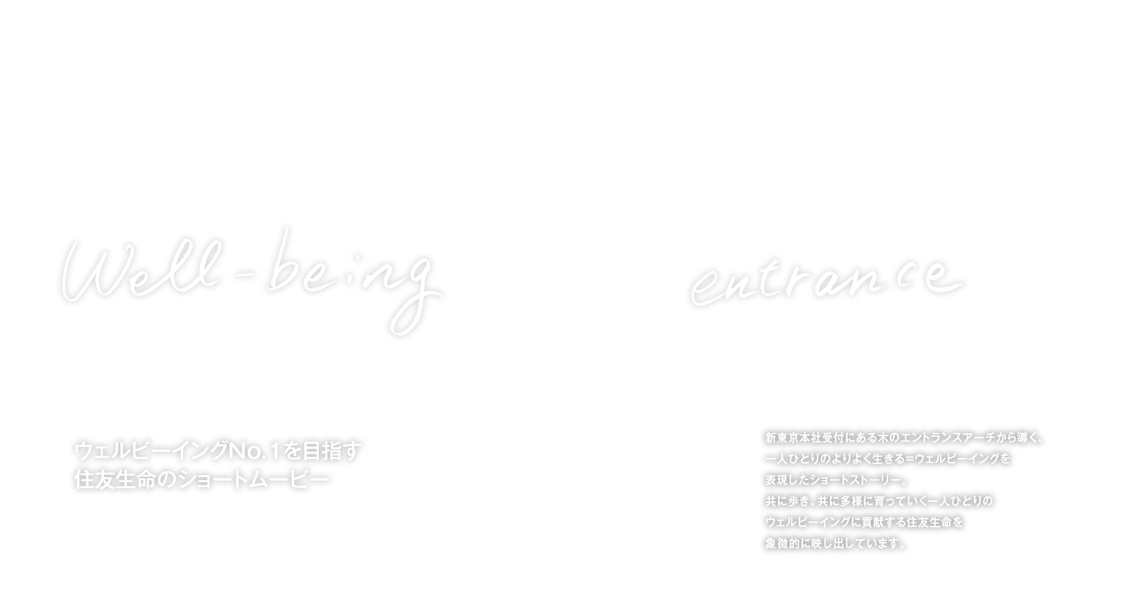 Well-being　ウェルビーイングNo.1を目指す住友生命のショートムービー　entrance　新東京本社受付にある木のエントランスアーチから導く、一人ひとりのよりよく生きる＝ウェルビーイングを表現したショートストーリー。共に歩き、共に多様に育っていく一人ひとりのウェルビーイングに貢献する住友生命を象徴的に映し出しています。