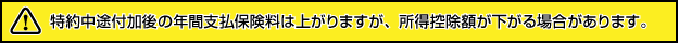 特約中途付加後の年間支払保険料は上がりますが、所得控除額が下がる場合があります。