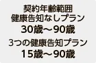 契約年齢範囲：健康告知なしプラン 30歳～90歳、3つの健康告知プラン 15歳～90歳