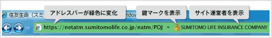 アドレスバーが緑色に変化し、鍵マークが表示された右側に、サイト運営者が表示されます。